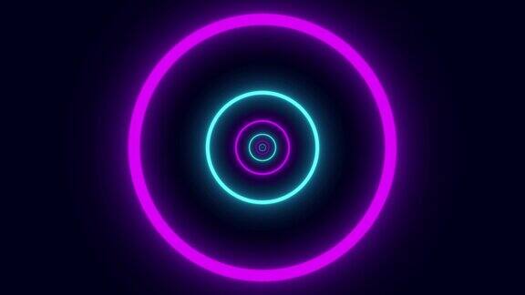 穿越霓虹灯隧道抽象霓虹灯背景飞行通过圆形走廊长隧道出现发光的粉蓝色圆形飞行在地板下科幻背景未来