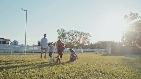 一家人在草坪上和狗玩