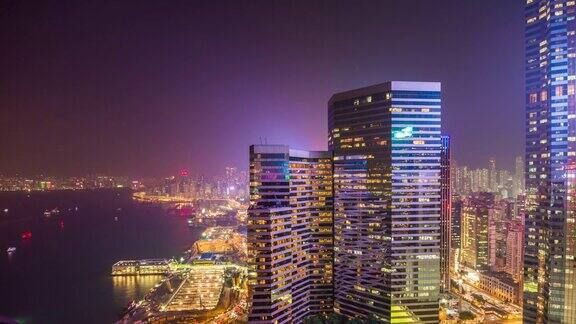 中国夜光香港城市著名的海湾屋顶全景4k时间的推移