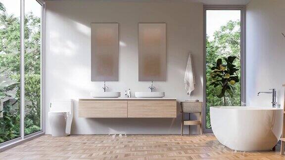 现代动画当代白色浴室与热带风格的自然景观3d渲染