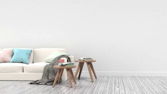 简单和现代的客厅空间与简约的家具在4K分辨率