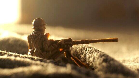 一个玩具兵机枪手从战壕里的掩体中射击战场上战争