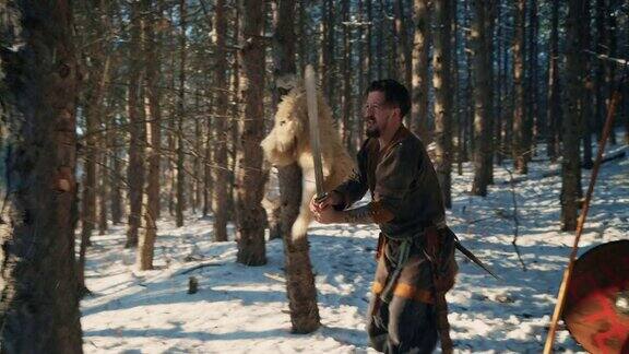 中世纪武士在练习战斗时用剑砍树