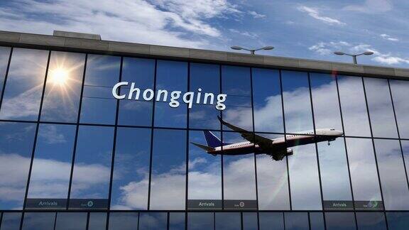 中国重庆机场的飞机降落在航站楼