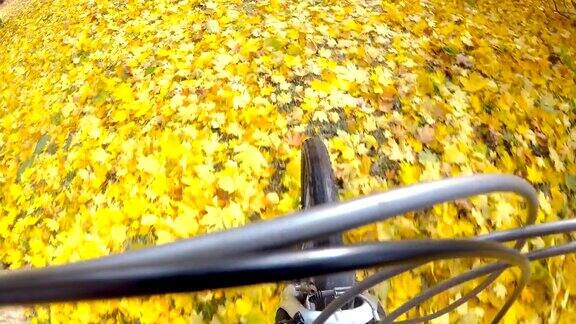 骑自行车的人骑在秋天的落叶上