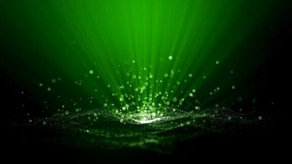 绿色粒子背景数字签名与波浪粒子上升闪耀面纱和空间与景深粒子光束