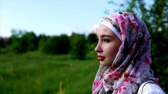 一个年轻的穆斯林妇女戴着头巾在公园里享受孤独