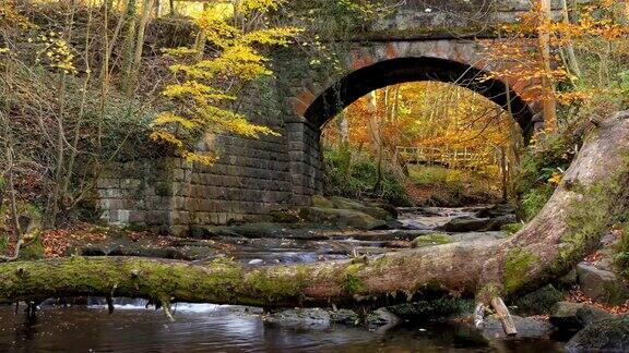 古老的石拱桥在秋天的小溪上