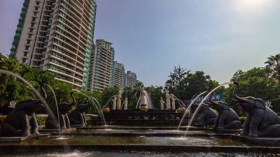 晴天三亚城市喷泉全景4k时间跨度海南岛中国