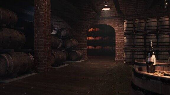 酒窖里装着酒的木桶在酒库里品尝红酒