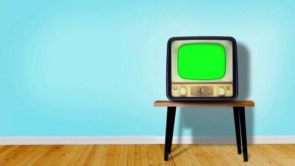 复古电视与色度键屏幕在蓝色房间与复制空间CCP