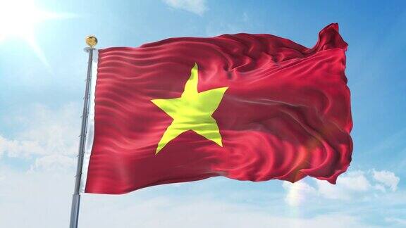 越南国旗在湛蓝的天空中迎风飘扬国家主题国际理念3D渲染无缝循环4K