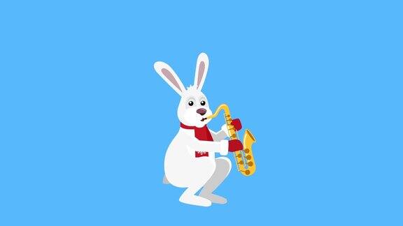 卡通小圣诞兔子扁平人物音乐播放萨克斯风动画与哑光