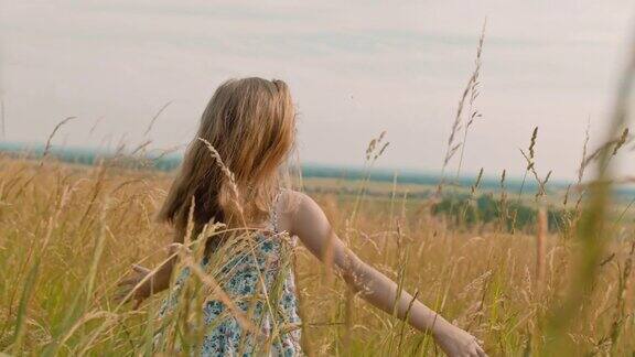 MS无忧无虑的女孩在阳光明媚的田园诗般的乡村田野里奔跑