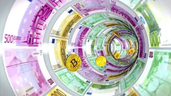 3D隧道的欧元纸币和飞回比特币
