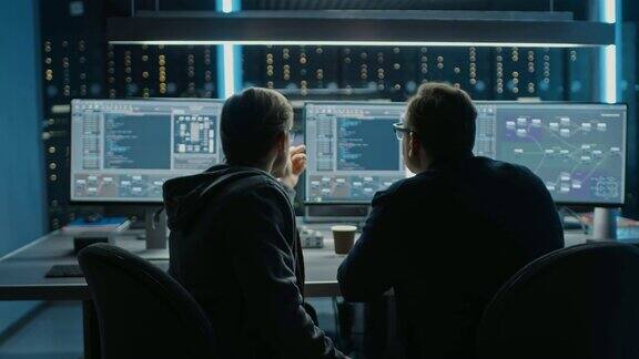 两位专业IT程序员在桌面显示器上讨论区块链数据网络架构设计与开发工作数据中心技术部门与服务器机架
