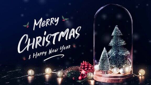 圣诞快乐新年快乐用槲寄生和带有圣诞树的礼盒图标发光的光串和松果装饰的大理石桌子和蓝色的背景寒假贺卡