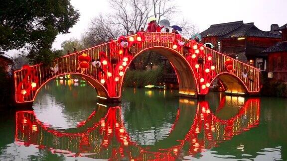 黄昏时分乌镇水乡装饰中式古桥