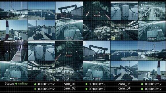 监控闭路电视视频在港口监控中心的多个摄像头在屏幕上工业4.0现代化仓库配有高科技安全中心模拟模板的计算机显示