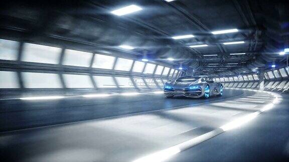 未来汽车在科幻隧道、走廊中快速行驶未来现实的4k的动画