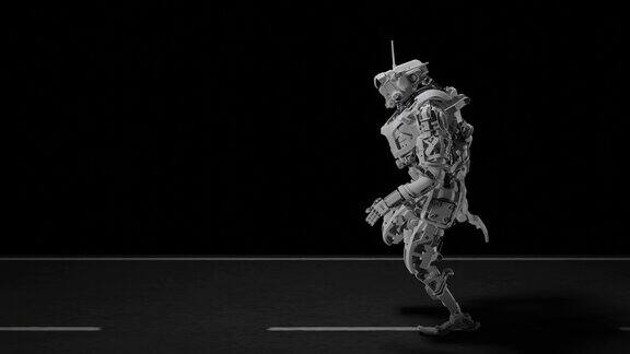 机器人机器人奔跑黑暗中的道路黑色背景3d渲染背景为音乐