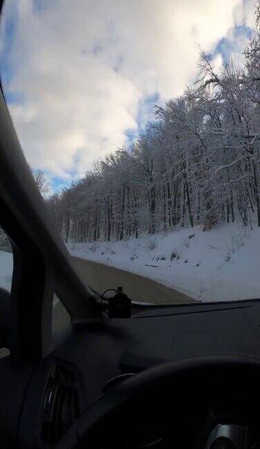 驾车穿过雪原森林