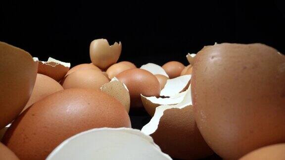 黑色背景上的生鸡蛋和蛋壳前进
