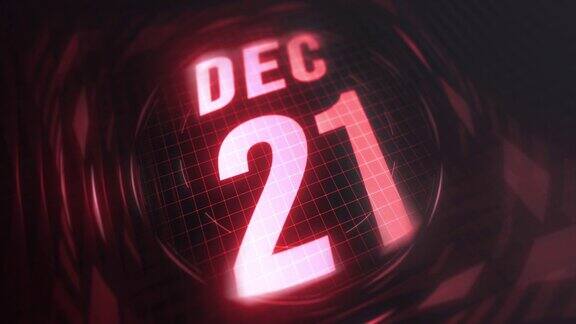 12月21日3d动态图形红外线日历在未来和科技发光霓虹灯拍摄纪念在led等4k循环