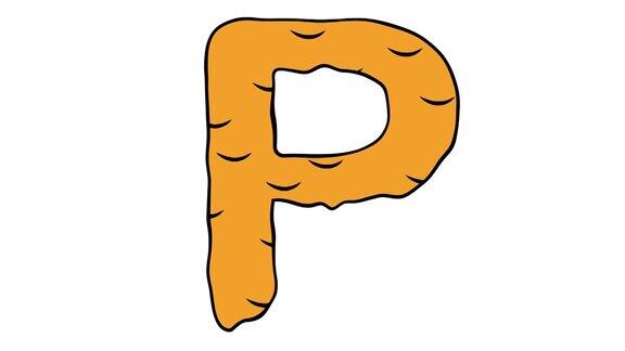 字母p卡通风格的视频融化的橙色字母上的液体流下蜂蜜和冰淇淋的广告4K动画与阿尔法频道为网站广告和游戏
