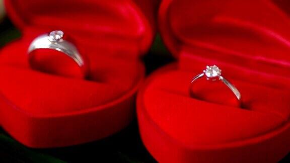 漂亮闪亮的结婚戒指与红盒子为新娘和新郎