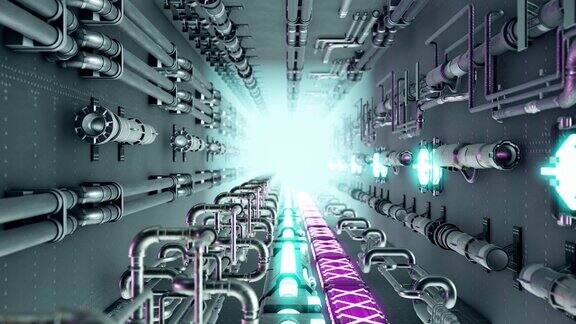 高质量的未来科幻隧道-霓虹灯隧道3d渲染抽象背景-无缝环-无尽