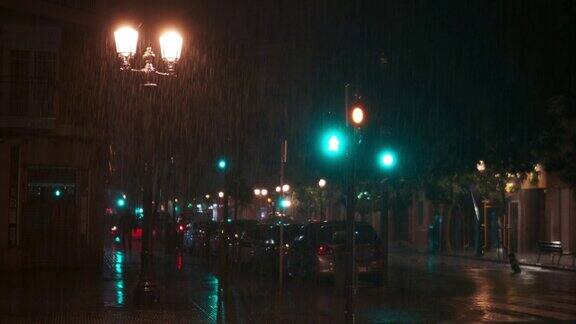 夜晚城市里大雨倾盆