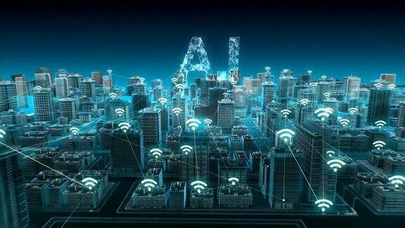 智能城市上的无线智能传感器图标连接“AI”技术蓝色x射线鸟瞰图4k动画