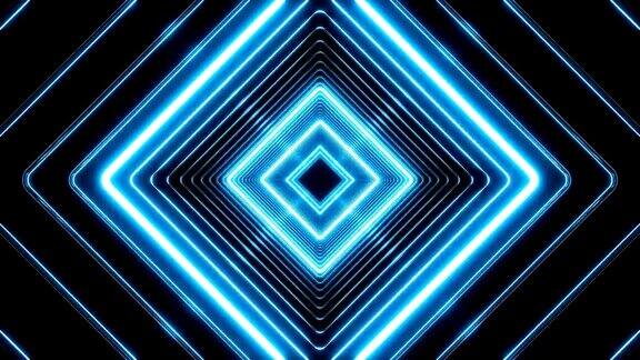 美丽的抽象方形隧道与蓝色光线移动快几个视频元素的集合背景与霓虹灯未来隧道循环3d动画艺术概念