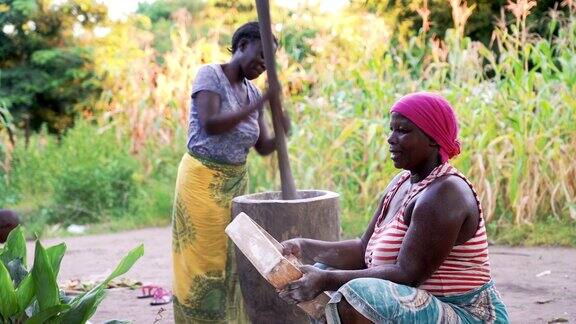 非洲妇女在木荚中工作捣碎和筛木薯粉