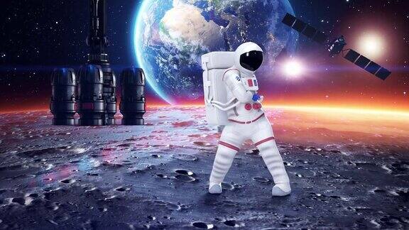 有趣的宇航员在行星表面跳舞感觉快乐