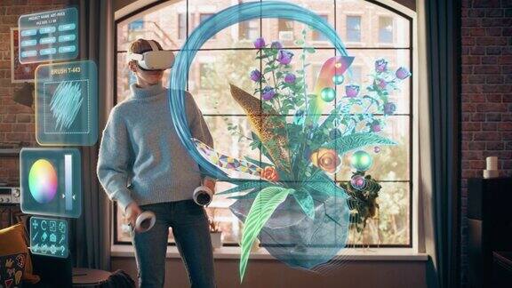 现代艺术家使用虚拟现实设计软件在阁楼客厅创建一个3D艺术品:设计一个时尚的房子植物艺术品女性设计师使用VR头盔和控制器