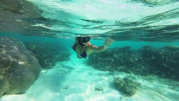 年轻女子在马尔代夫的珊瑚礁上浮潜