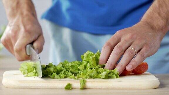 男人在家里切绿莴苣和西红柿准备健康的家庭晚餐