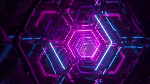 穿越无尽的未来科幻隧道发光的氖发光六边形跳跃到另一个星系抽象创意数字背景现代彩色照明无缝循环