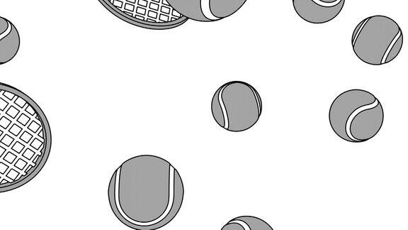 卡通风格的灰色网球和网球拍在白色的背景