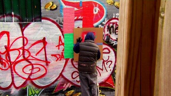 涂鸦艺术家用模板绘制城市墙壁
