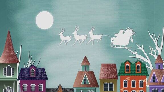 圣诞老人在驯鹿拉雪橇的剪影在月亮和城市景观