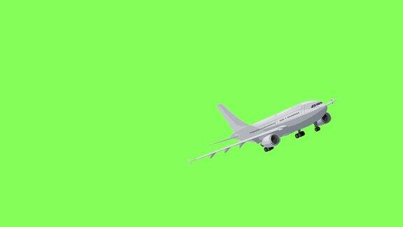 逼真的飞机飞行在色度键背景绿色屏幕4K动画