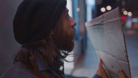 无家可归的留长胡子的年轻乞丐坐在空无一人的街道上手里拿着写着“帮助我”的纸板乞讨为生无家可归4k