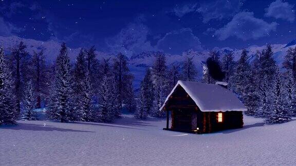雪夜的山间小屋和被雪封住的冷杉林