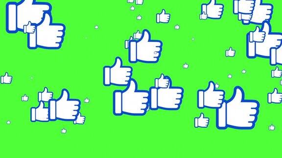 动画的许多手与蓝色拇指向上的图标在绿色的背景上数字动画与社交网络的各种图标一起移动大小变化类似