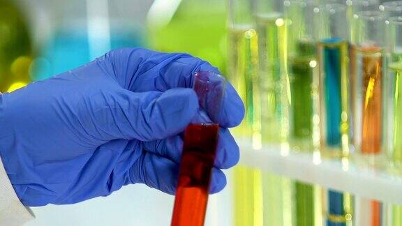 香水实验室工作人员在试管中取红色液体、精油