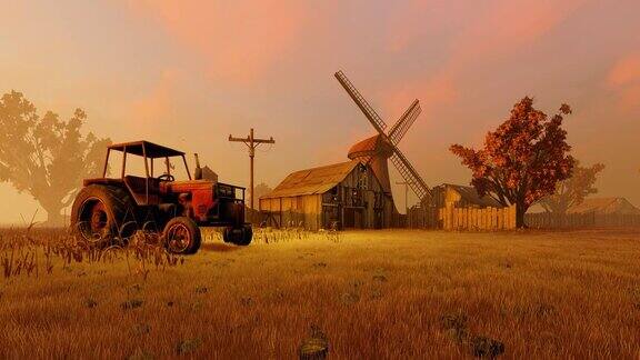 农场和拖拉机在3D动画