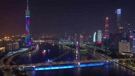 夜光广州市现代市中心河流交通大桥航拍全景4k中国